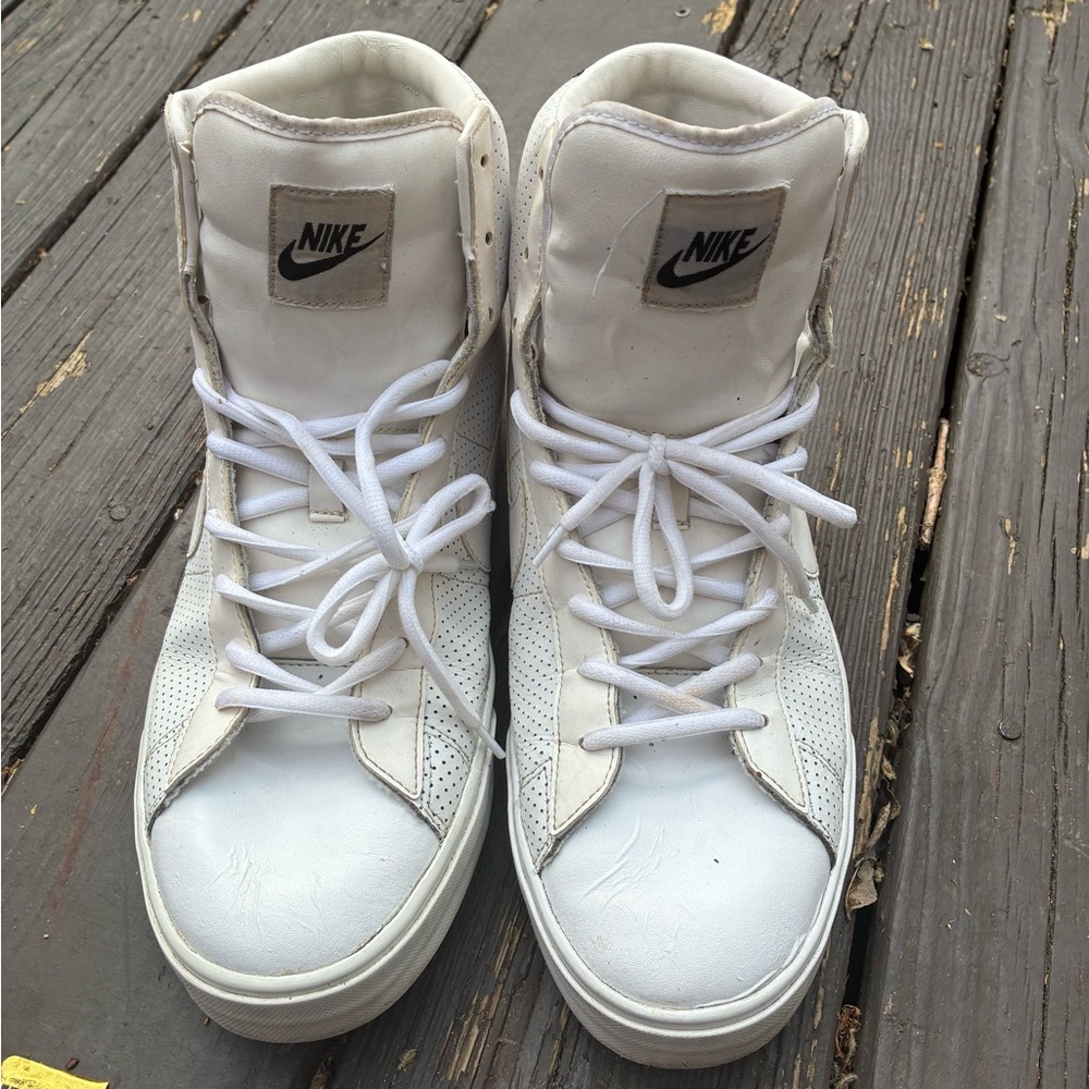 Nike White High-Top Sneakers with Tan Logo Patch